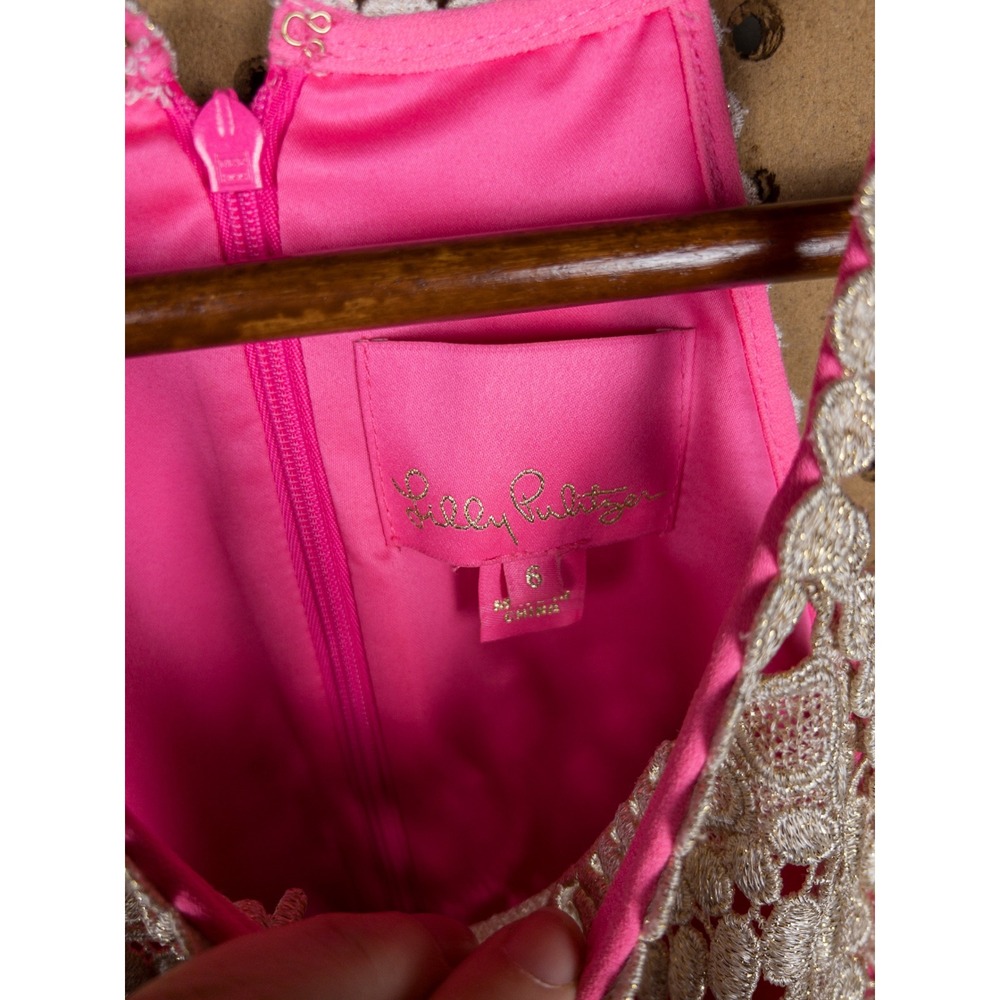 Lilly Pulitzer Pink Halter Shift Dress Gold Crochet Lace Bib Shorts Size 6 - Picture 5 of 6